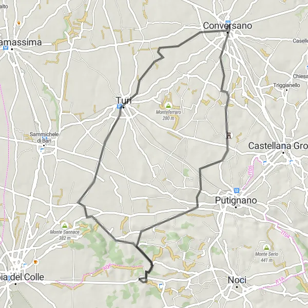 Miniatura della mappa di ispirazione al ciclismo "Tour in bici Castello Marchione - Turi" nella regione di Puglia, Italy. Generata da Tarmacs.app, pianificatore di rotte ciclistiche