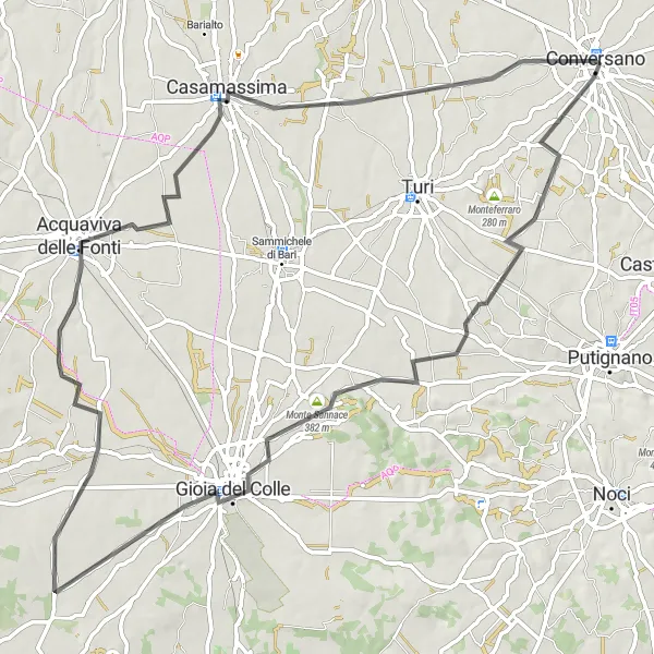 Miniatura della mappa di ispirazione al ciclismo "Tour in bicicletta tra Conversano e Casamassima" nella regione di Puglia, Italy. Generata da Tarmacs.app, pianificatore di rotte ciclistiche