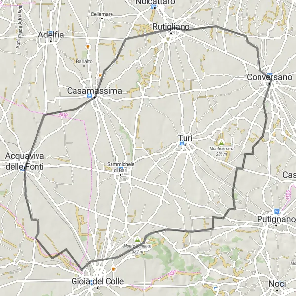 Miniatura della mappa di ispirazione al ciclismo "Ciclovia tra Conversano e Rutigliano" nella regione di Puglia, Italy. Generata da Tarmacs.app, pianificatore di rotte ciclistiche