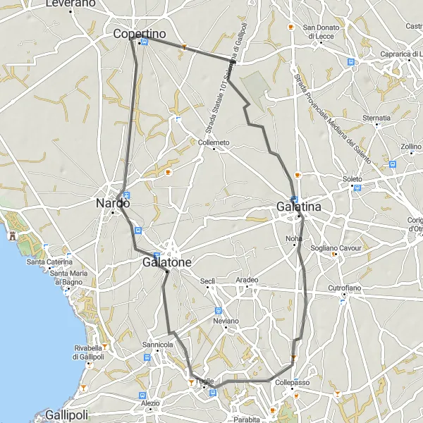 Miniatura della mappa di ispirazione al ciclismo "Percorso ciclistico attraverso Noha & Tuglie" nella regione di Puglia, Italy. Generata da Tarmacs.app, pianificatore di rotte ciclistiche