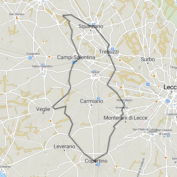 Map miniature of "Copertino Castle Circuit" cycling inspiration in Puglia, Italy. Generated by Tarmacs.app cycling route planner