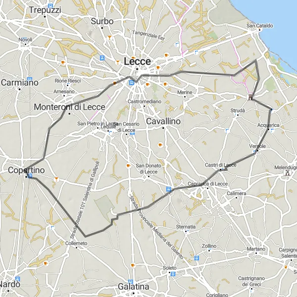 Miniatura della mappa di ispirazione al ciclismo "Giro in Bicicletta da Copertino" nella regione di Puglia, Italy. Generata da Tarmacs.app, pianificatore di rotte ciclistiche