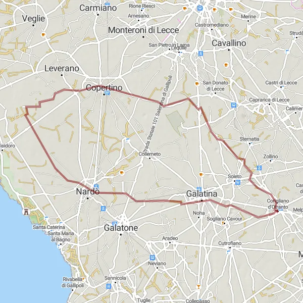 Map miniature of "Gravel ride through the historic towns" cycling inspiration in Puglia, Italy. Generated by Tarmacs.app cycling route planner