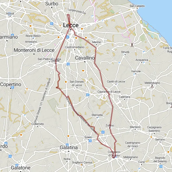 Miniatura della mappa di ispirazione al ciclismo "Tour delle cittadine salentine" nella regione di Puglia, Italy. Generata da Tarmacs.app, pianificatore di rotte ciclistiche