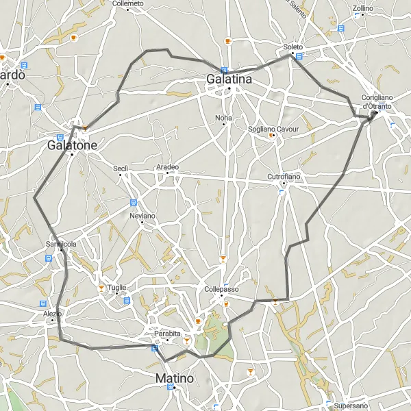 Miniatura della mappa di ispirazione al ciclismo "Road tra Corigliano d'Otranto e Galatina" nella regione di Puglia, Italy. Generata da Tarmacs.app, pianificatore di rotte ciclistiche