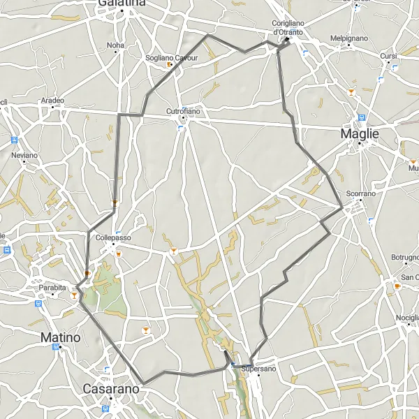 Miniatura della mappa di ispirazione al ciclismo "Road tra Palazzo Comi e Corigliano d'Otranto" nella regione di Puglia, Italy. Generata da Tarmacs.app, pianificatore di rotte ciclistiche