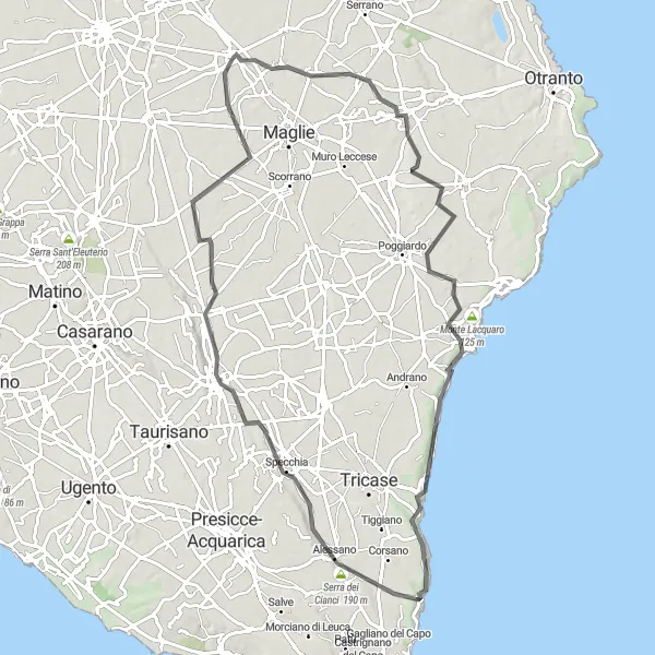 Miniatura della mappa di ispirazione al ciclismo "Road da Bagnolo del Salento a Corigliano d'Otranto" nella regione di Puglia, Italy. Generata da Tarmacs.app, pianificatore di rotte ciclistiche