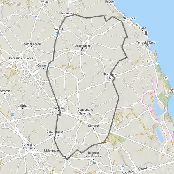 Miniatura della mappa di ispirazione al ciclismo "Il Giro dei Borghi Salentini" nella regione di Puglia, Italy. Generata da Tarmacs.app, pianificatore di rotte ciclistiche