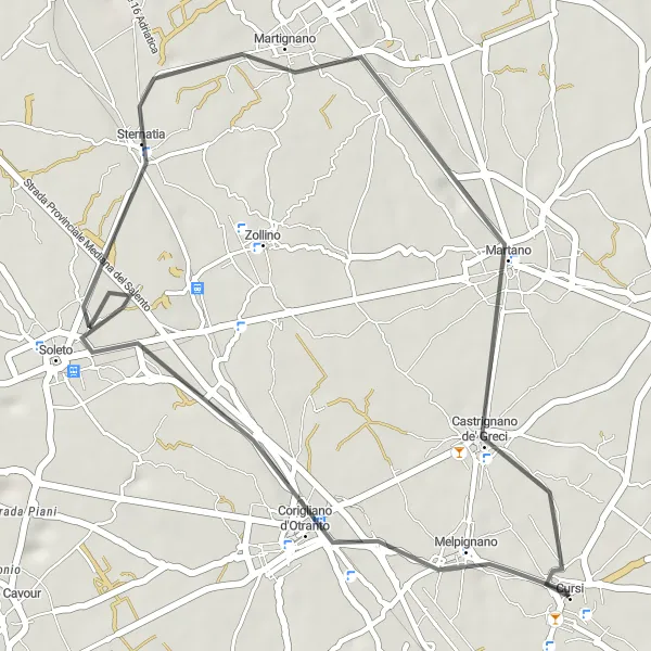 Miniatura della mappa di ispirazione al ciclismo "Escursione su strada verso Soleto da Cursi" nella regione di Puglia, Italy. Generata da Tarmacs.app, pianificatore di rotte ciclistiche