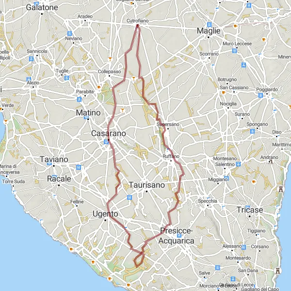Miniatura della mappa di ispirazione al ciclismo "Giro in mountain bike tra Cutrofiano e Casarano" nella regione di Puglia, Italy. Generata da Tarmacs.app, pianificatore di rotte ciclistiche