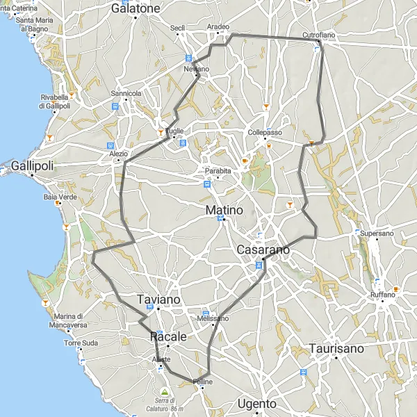 Map miniature of "Cutrofiano and Surroundings" cycling inspiration in Puglia, Italy. Generated by Tarmacs.app cycling route planner
