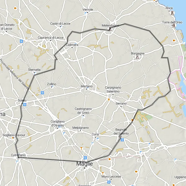 Map miniature of "Soleto Loop" cycling inspiration in Puglia, Italy. Generated by Tarmacs.app cycling route planner