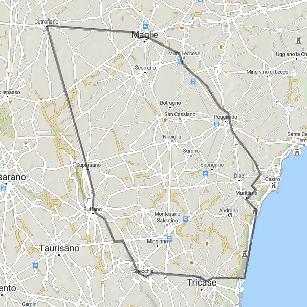 Miniatura della mappa di ispirazione al ciclismo "Tour ciclistico da Cutrofiano a Ruffano" nella regione di Puglia, Italy. Generata da Tarmacs.app, pianificatore di rotte ciclistiche