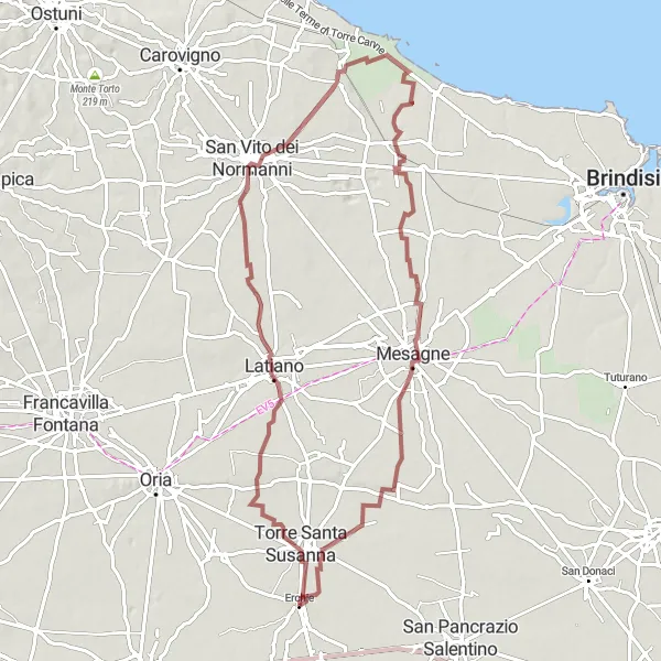 Miniatura della mappa di ispirazione al ciclismo "Gravel Route da Erchie a Mesagne" nella regione di Puglia, Italy. Generata da Tarmacs.app, pianificatore di rotte ciclistiche
