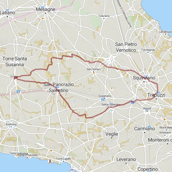 Miniatura della mappa di ispirazione al ciclismo "Gravel Route da Erchie a San Pancrazio Salentino" nella regione di Puglia, Italy. Generata da Tarmacs.app, pianificatore di rotte ciclistiche