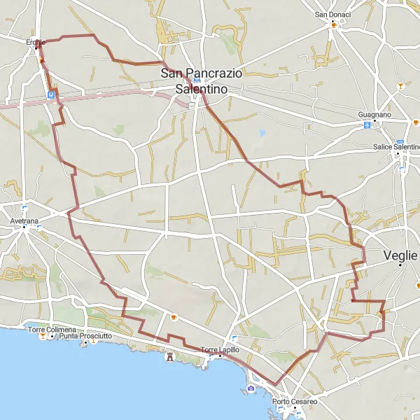 Miniatura della mappa di ispirazione al ciclismo "Natura selvaggia e paesaggi unici" nella regione di Puglia, Italy. Generata da Tarmacs.app, pianificatore di rotte ciclistiche