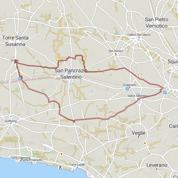 Miniatura della mappa di ispirazione al ciclismo "Gravel Route da Erchie a Monteruga" nella regione di Puglia, Italy. Generata da Tarmacs.app, pianificatore di rotte ciclistiche