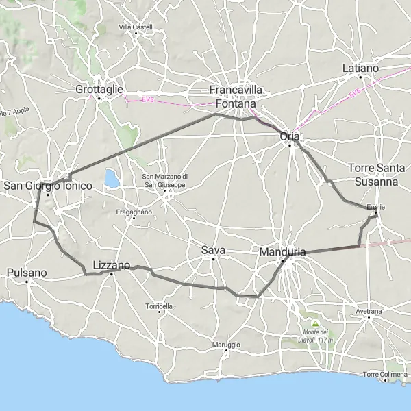 Map miniature of "Historical Treasures and Scenic Landscapes" cycling inspiration in Puglia, Italy. Generated by Tarmacs.app cycling route planner