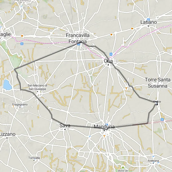 Miniatura della mappa di ispirazione al ciclismo "L'antica strada dei castelli" nella regione di Puglia, Italy. Generata da Tarmacs.app, pianificatore di rotte ciclistiche