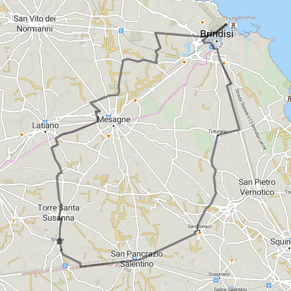 Miniatura della mappa di ispirazione al ciclismo "Road Route da Erchie a San Pancrazio Salentino" nella regione di Puglia, Italy. Generata da Tarmacs.app, pianificatore di rotte ciclistiche