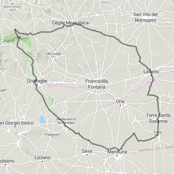 Miniatura della mappa di ispirazione al ciclismo "Road Route da Erchie a Torre Santa Susanna" nella regione di Puglia, Italy. Generata da Tarmacs.app, pianificatore di rotte ciclistiche