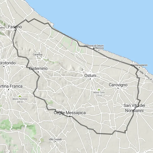 Miniatura della mappa di ispirazione al ciclismo "Avventura ciclistica tra Fasano e Palazzo vescovile" nella regione di Puglia, Italy. Generata da Tarmacs.app, pianificatore di rotte ciclistiche