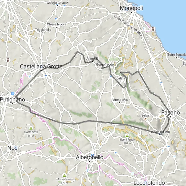 Map miniature of "Castellana Grotte Loop" cycling inspiration in Puglia, Italy. Generated by Tarmacs.app cycling route planner