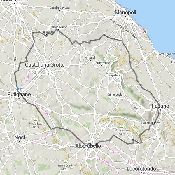 Map miniature of "Exploring Canale di Pirro and Putignano on a Road Cycling Adventure" cycling inspiration in Puglia, Italy. Generated by Tarmacs.app cycling route planner