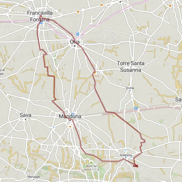 Miniatura della mappa di ispirazione al ciclismo "Gravel tra Oria e Manduria" nella regione di Puglia, Italy. Generata da Tarmacs.app, pianificatore di rotte ciclistiche