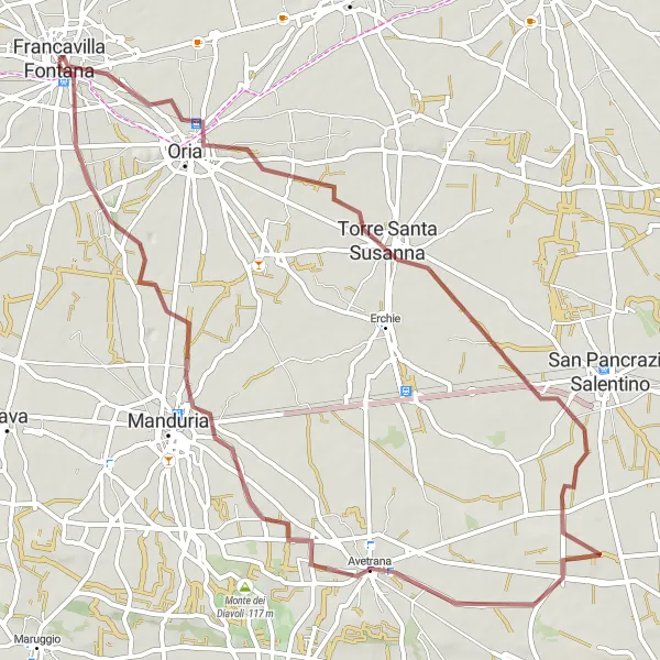 Miniatura della mappa di ispirazione al ciclismo "Tour tra Oria e Francavilla Fontana" nella regione di Puglia, Italy. Generata da Tarmacs.app, pianificatore di rotte ciclistiche