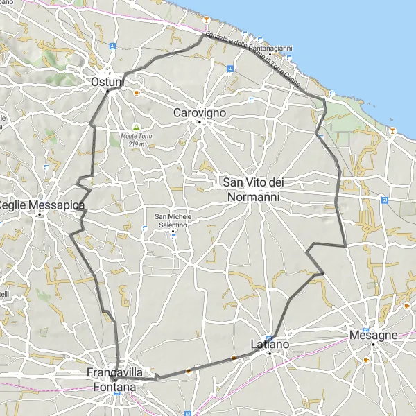 Miniatura della mappa di ispirazione al ciclismo "Costa Adriatica e Campagna Salentina" nella regione di Puglia, Italy. Generata da Tarmacs.app, pianificatore di rotte ciclistiche