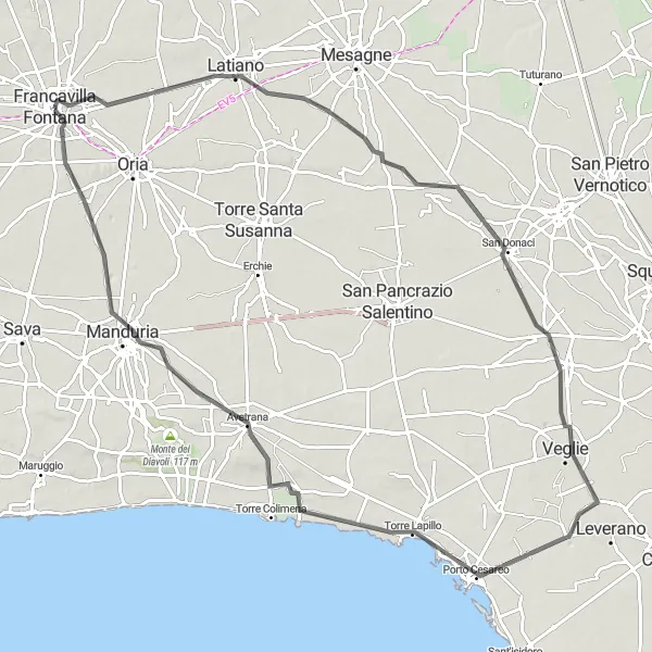 Miniatura della mappa di ispirazione al ciclismo "Tour dei Castelli Imperiali" nella regione di Puglia, Italy. Generata da Tarmacs.app, pianificatore di rotte ciclistiche