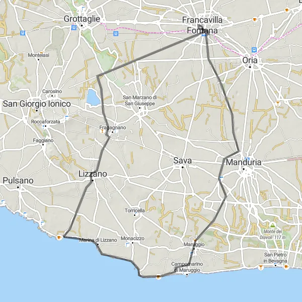 Miniatura della mappa di ispirazione al ciclismo "Giro Costiero del Salento" nella regione di Puglia, Italy. Generata da Tarmacs.app, pianificatore di rotte ciclistiche