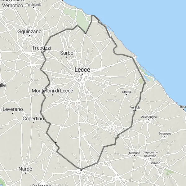 Miniatura della mappa di ispirazione al ciclismo "Tour dei Borghi Salentini" nella regione di Puglia, Italy. Generata da Tarmacs.app, pianificatore di rotte ciclistiche