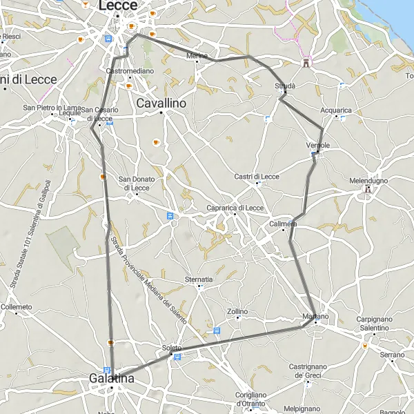 Miniatura della mappa di ispirazione al ciclismo "Giro in bicicletta tra San Cesario di Lecce e Calimera" nella regione di Puglia, Italy. Generata da Tarmacs.app, pianificatore di rotte ciclistiche