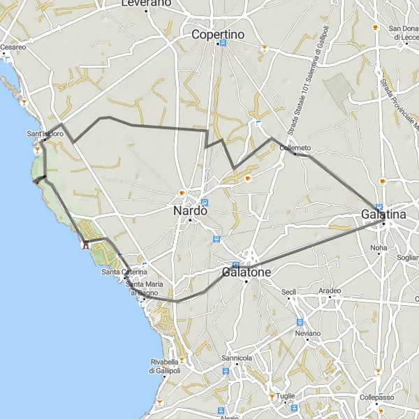 Miniatura della mappa di ispirazione al ciclismo "Itinerario tra Mare e Campagna" nella regione di Puglia, Italy. Generata da Tarmacs.app, pianificatore di rotte ciclistiche