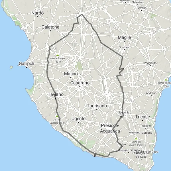 Miniatura della mappa di ispirazione al ciclismo "Tour in bicicletta lungo la costa salentina" nella regione di Puglia, Italy. Generata da Tarmacs.app, pianificatore di rotte ciclistiche