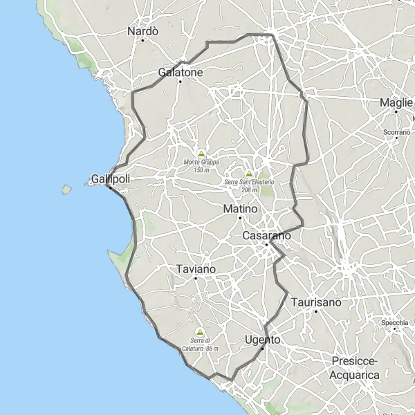 Miniatura della mappa di ispirazione al ciclismo "Giro in bicicletta da Galatina a Gallipoli e ritorno" nella regione di Puglia, Italy. Generata da Tarmacs.app, pianificatore di rotte ciclistiche