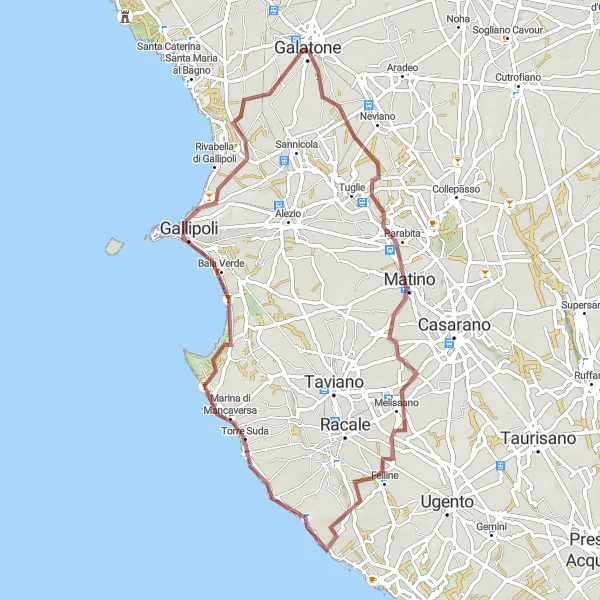 Miniatura della mappa di ispirazione al ciclismo "Tour in bicicletta da Galatone a Gallipoli attraverso la campagna" nella regione di Puglia, Italy. Generata da Tarmacs.app, pianificatore di rotte ciclistiche