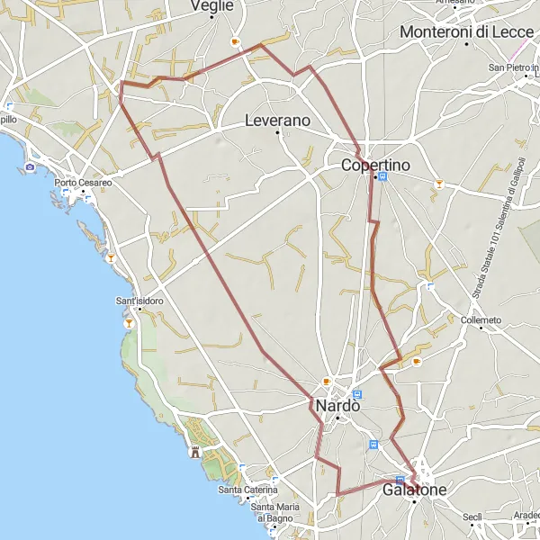 Miniatura della mappa di ispirazione al ciclismo "Esplorazione in bicicletta da Galatone a Copertino" nella regione di Puglia, Italy. Generata da Tarmacs.app, pianificatore di rotte ciclistiche