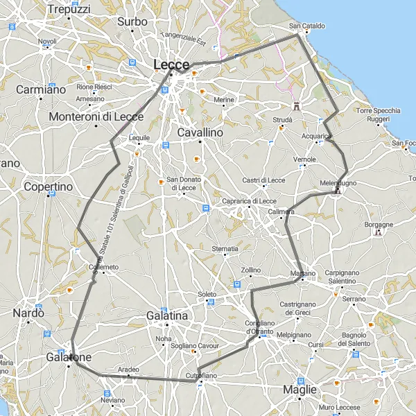 Map miniature of "Scenic tour of Collemeto and surroundings" cycling inspiration in Puglia, Italy. Generated by Tarmacs.app cycling route planner