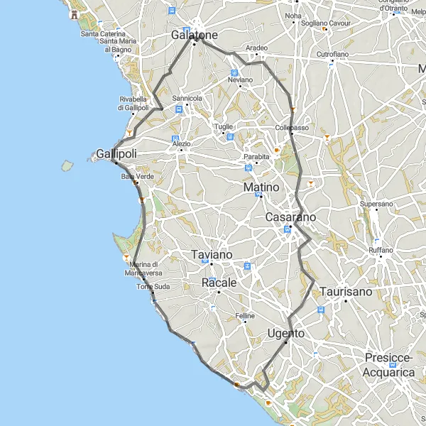 Miniatura della mappa di ispirazione al ciclismo "Giro in bicicletta da Seclì a Gallipoli" nella regione di Puglia, Italy. Generata da Tarmacs.app, pianificatore di rotte ciclistiche