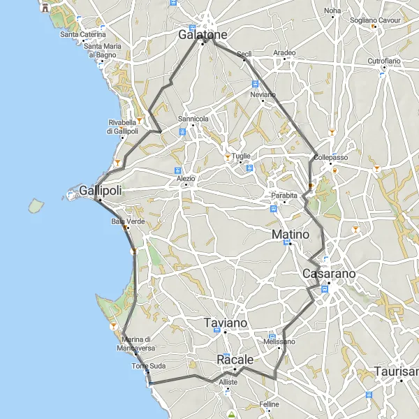 Miniatura della mappa di ispirazione al ciclismo "Giro in bicicletta da Galatone a Gallipoli" nella regione di Puglia, Italy. Generata da Tarmacs.app, pianificatore di rotte ciclistiche