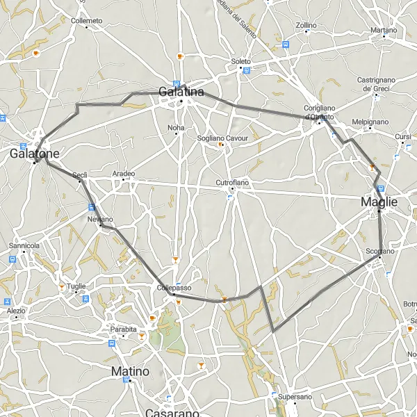 Map miniature of "Galatone to Galatina Loop" cycling inspiration in Puglia, Italy. Generated by Tarmacs.app cycling route planner