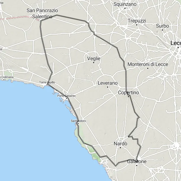 Miniatura della mappa di ispirazione al ciclismo "Viaggio tra storia e natura" nella regione di Puglia, Italy. Generata da Tarmacs.app, pianificatore di rotte ciclistiche