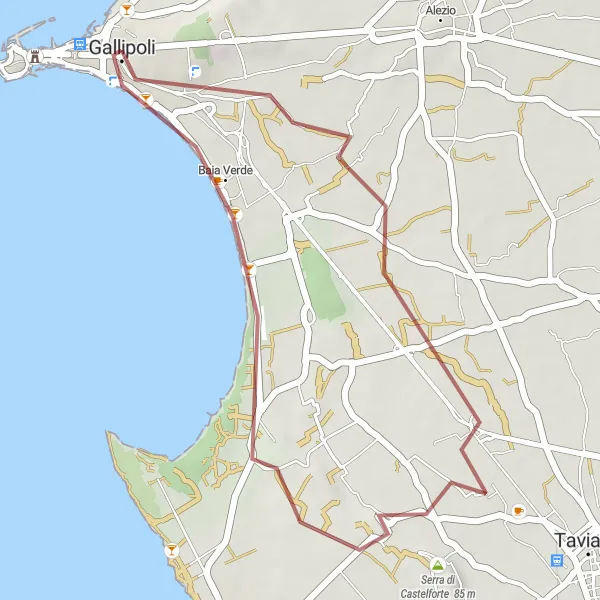 Map miniature of "Gravel Route from Gallipoli to Baia Verde" cycling inspiration in Puglia, Italy. Generated by Tarmacs.app cycling route planner