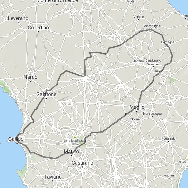 Map miniature of "Road Cycling Exploration of Puglia" cycling inspiration in Puglia, Italy. Generated by Tarmacs.app cycling route planner