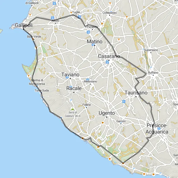 Map miniature of "Scenic Coastal Road Tour near Gallipoli" cycling inspiration in Puglia, Italy. Generated by Tarmacs.app cycling route planner