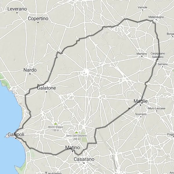 Map miniature of "Salento Coastal Road Ride" cycling inspiration in Puglia, Italy. Generated by Tarmacs.app cycling route planner