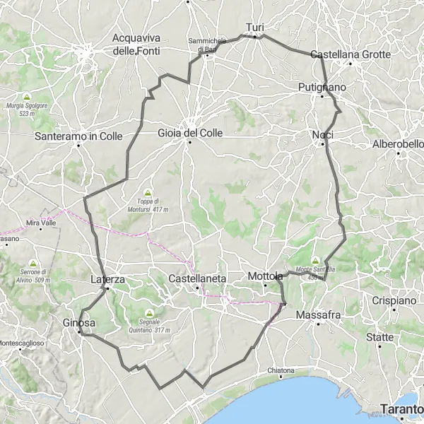 Miniatura della mappa di ispirazione al ciclismo "Giro in bici stradale da Ginosa a Palagiano" nella regione di Puglia, Italy. Generata da Tarmacs.app, pianificatore di rotte ciclistiche